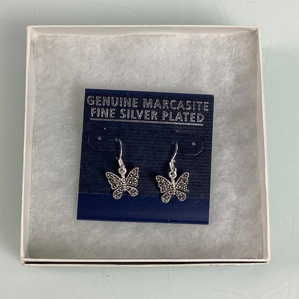 Genuine Marcasite Fine Silver plated Butterfly Earrings NEW